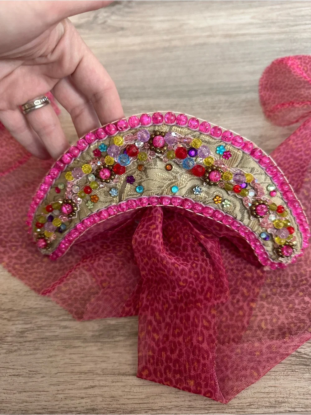 Russian Kokoshnik Headband Pink Beaded Folk Headdress Ribbon Crown